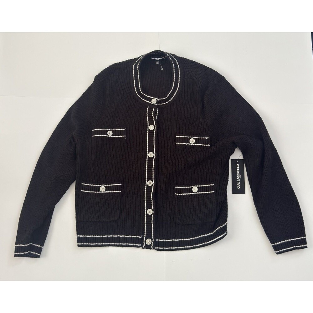 NEW! Karl Lagerfield Textured Black Cardigan with White Trim XL